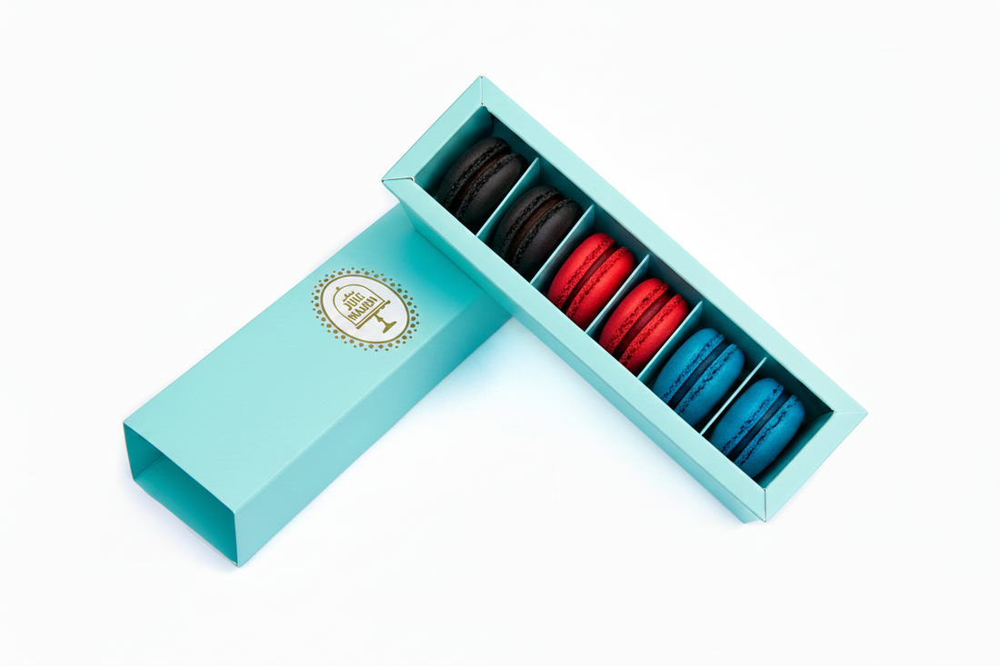 The Devil Wears Prada Selection Box - 6 macarons in black, red and cerulean in a turquoise La Jolie Maison gift box with lid, no bow