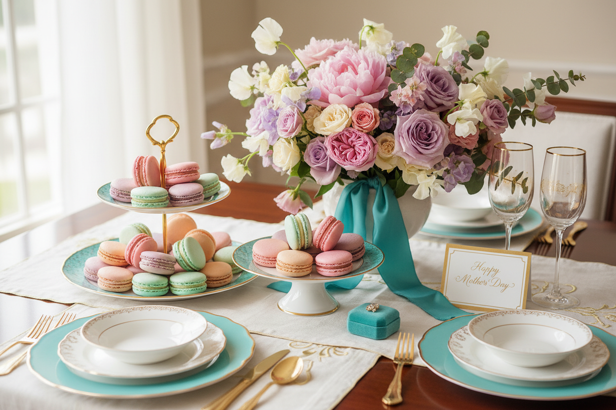Pastel macarons with flower bouquet on table