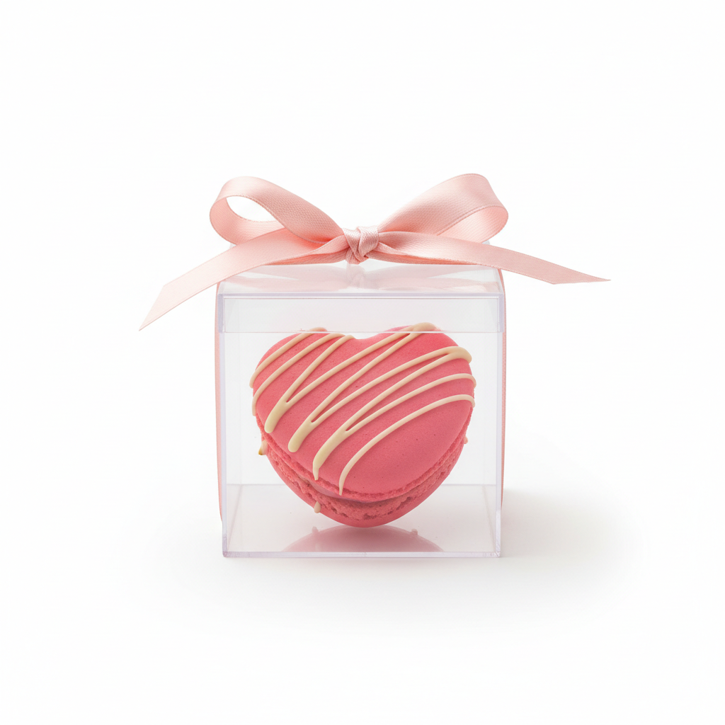 Pink heart macaron lying down in clear box